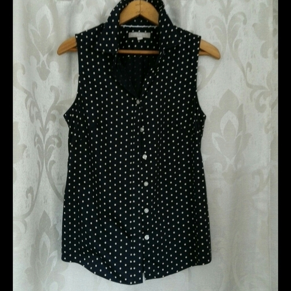 No-iron classic sleeveless top, Navy w/polka dots